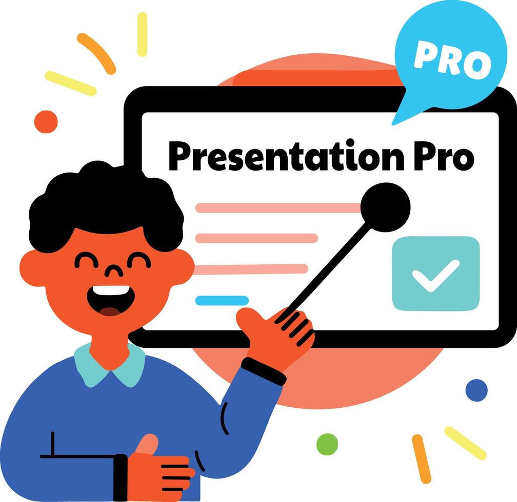 A flat sticker of a student with presentation pro typography vector