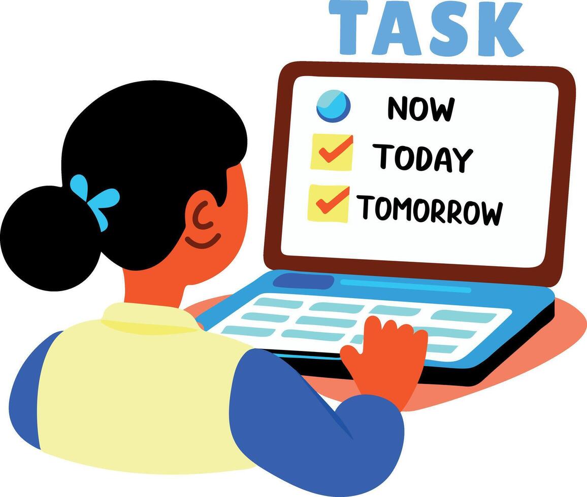 A flat sticker of a character checking her task list on laptop vector