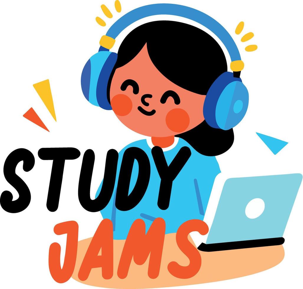 A flat sticker of a character listening music with study jams typography vector