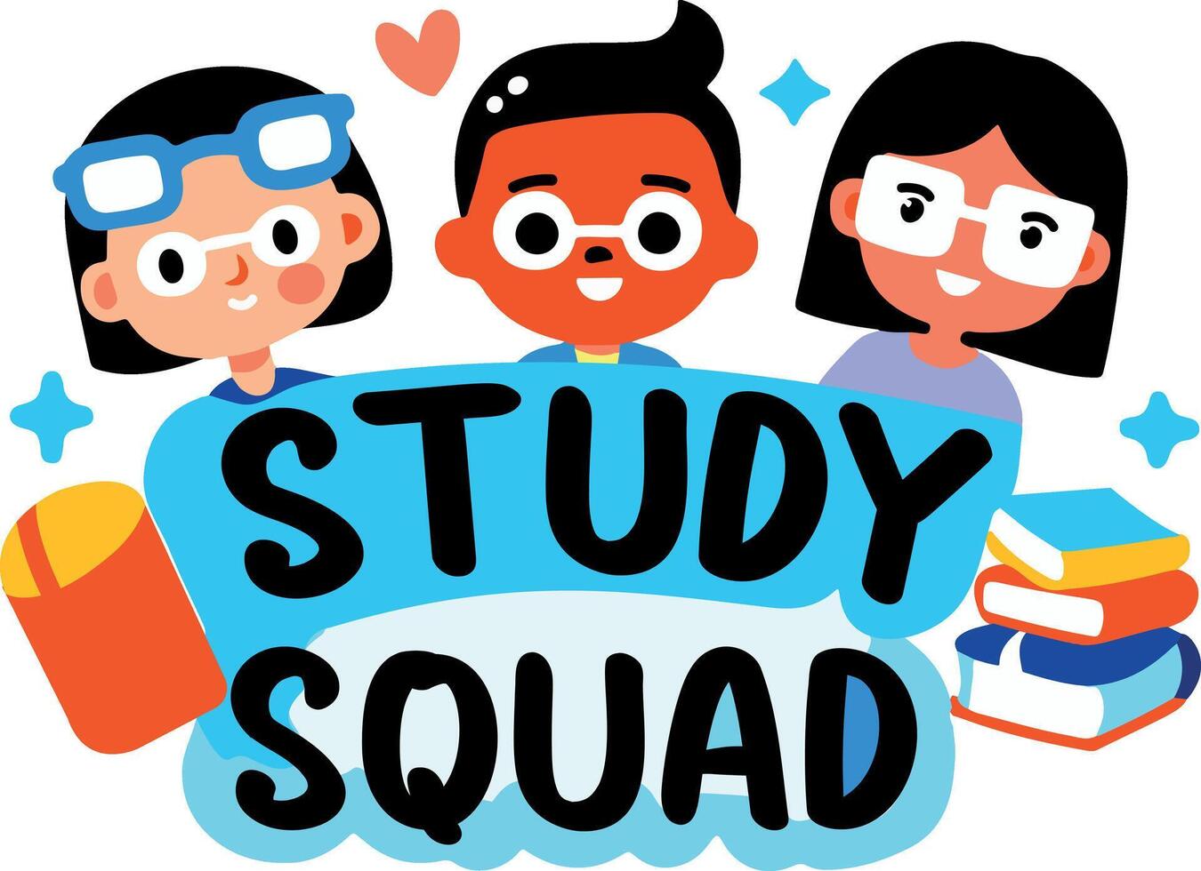 A flat sticker of students with study squad text vector