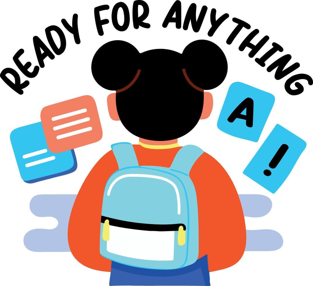 Flat sticker of a backpack character with ready for anything typography vector