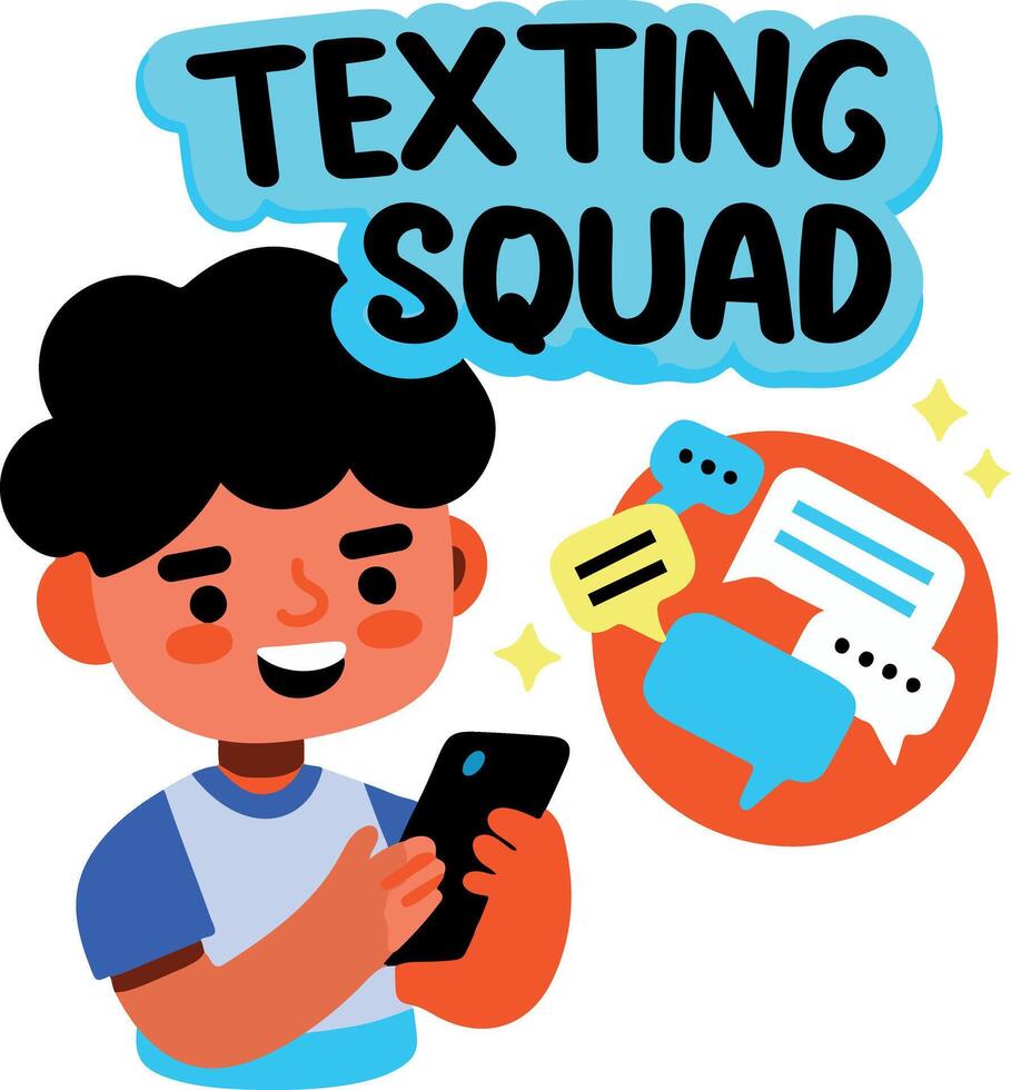 A flat sticker of a character chatting on a mobile phone with texting squad typography vector