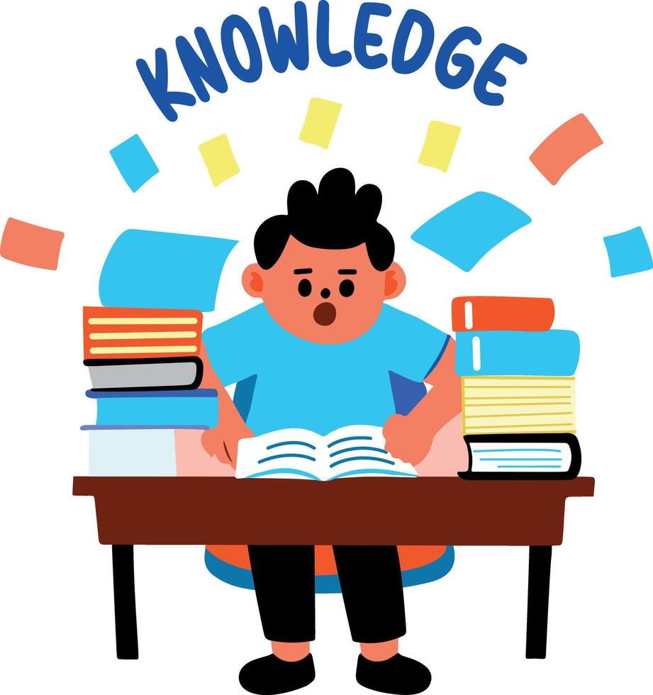 A flat sticker of a student reading books with knowledge typography vector