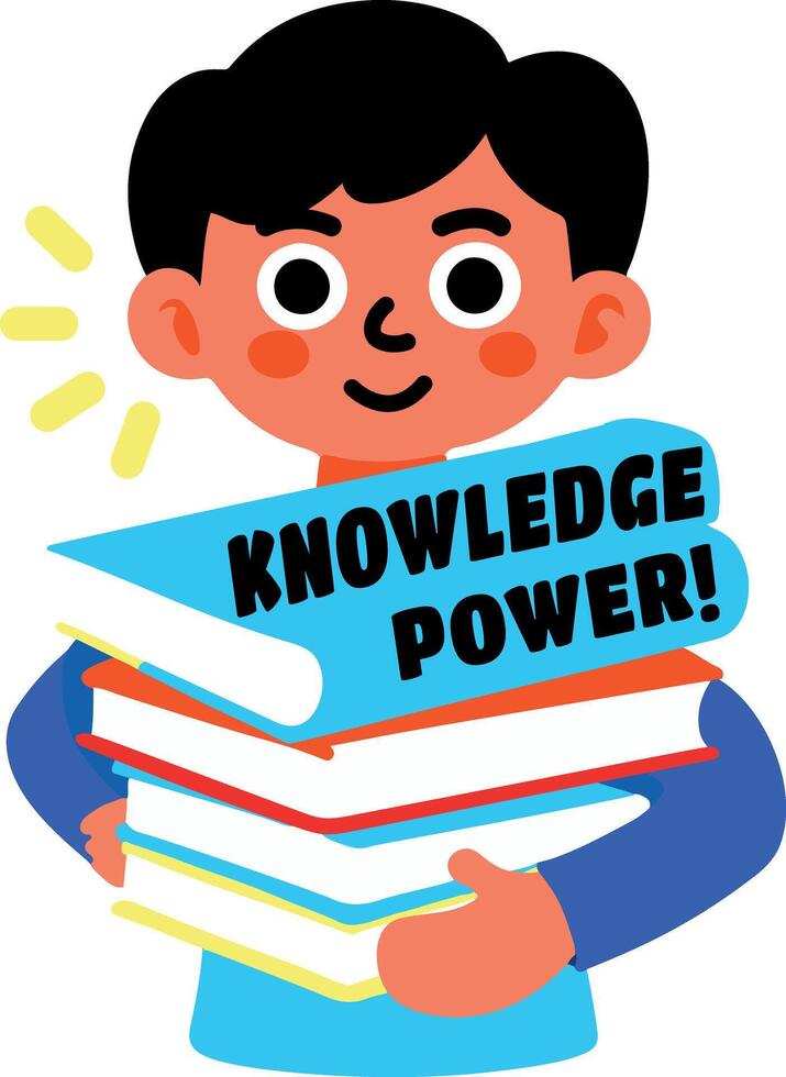 A flat sticker of a character holding books written knowledge power vector