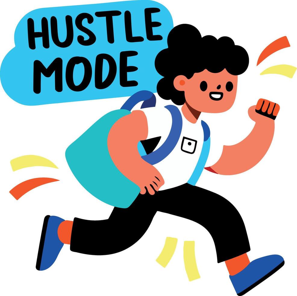 A flat sticker of a running backpack character with hustle mode typography vector