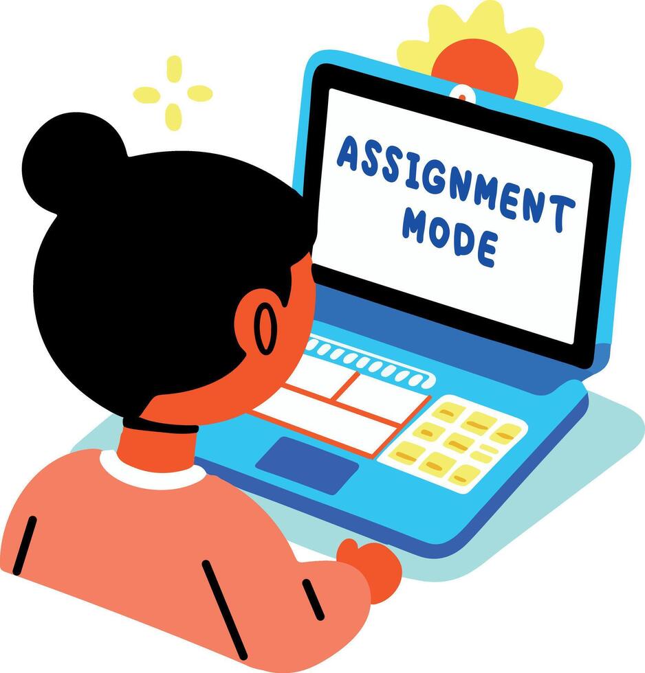 A flat sticker of a student working on laptop with assignment mode typography vector