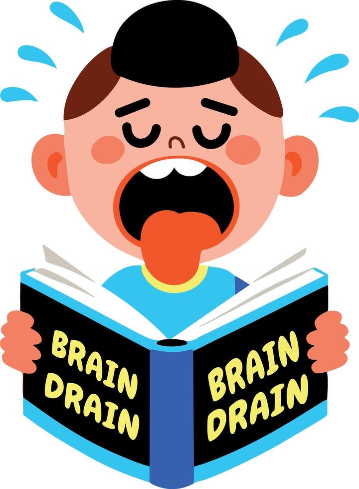 A flat sticker of a student holding a book and brain drain written on its cover vector