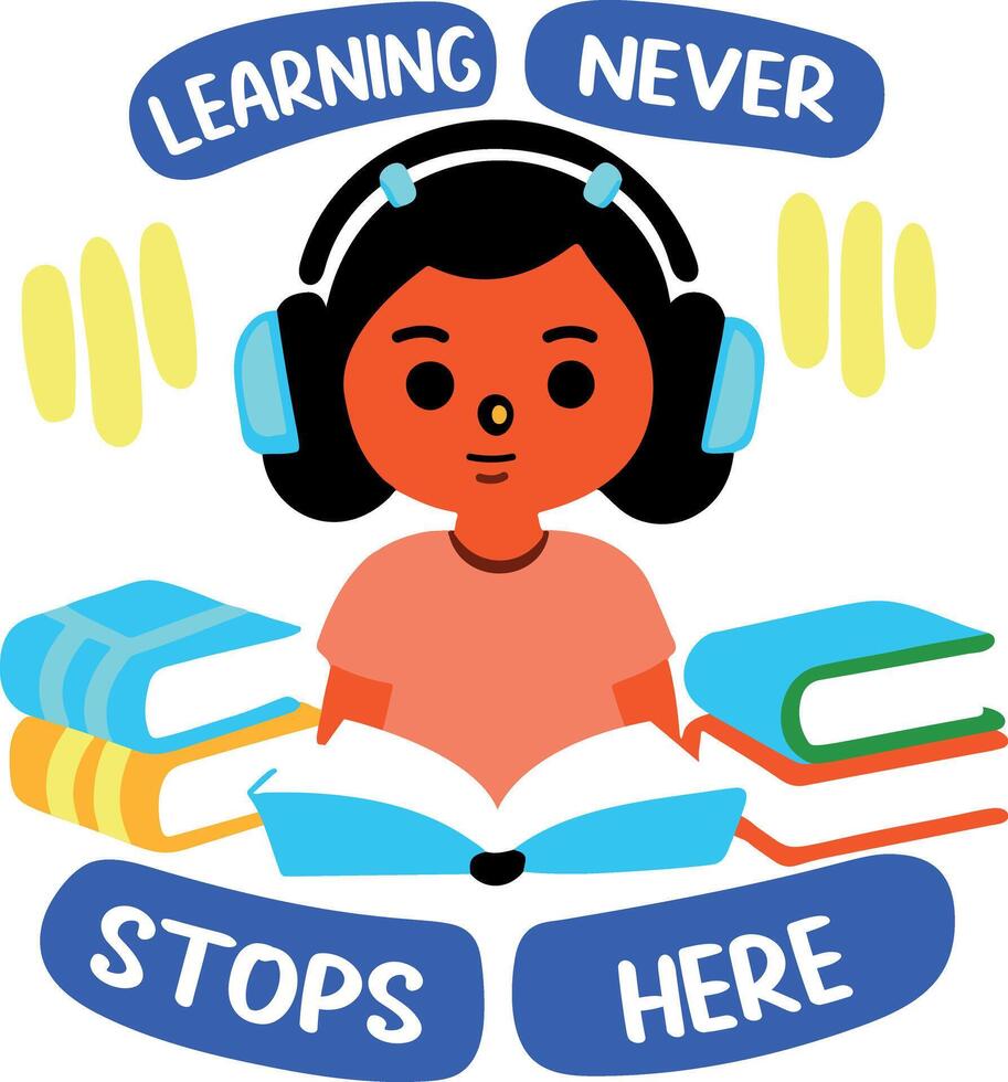 A flat sticker of a bibliophile character with learning never stop here typography vector