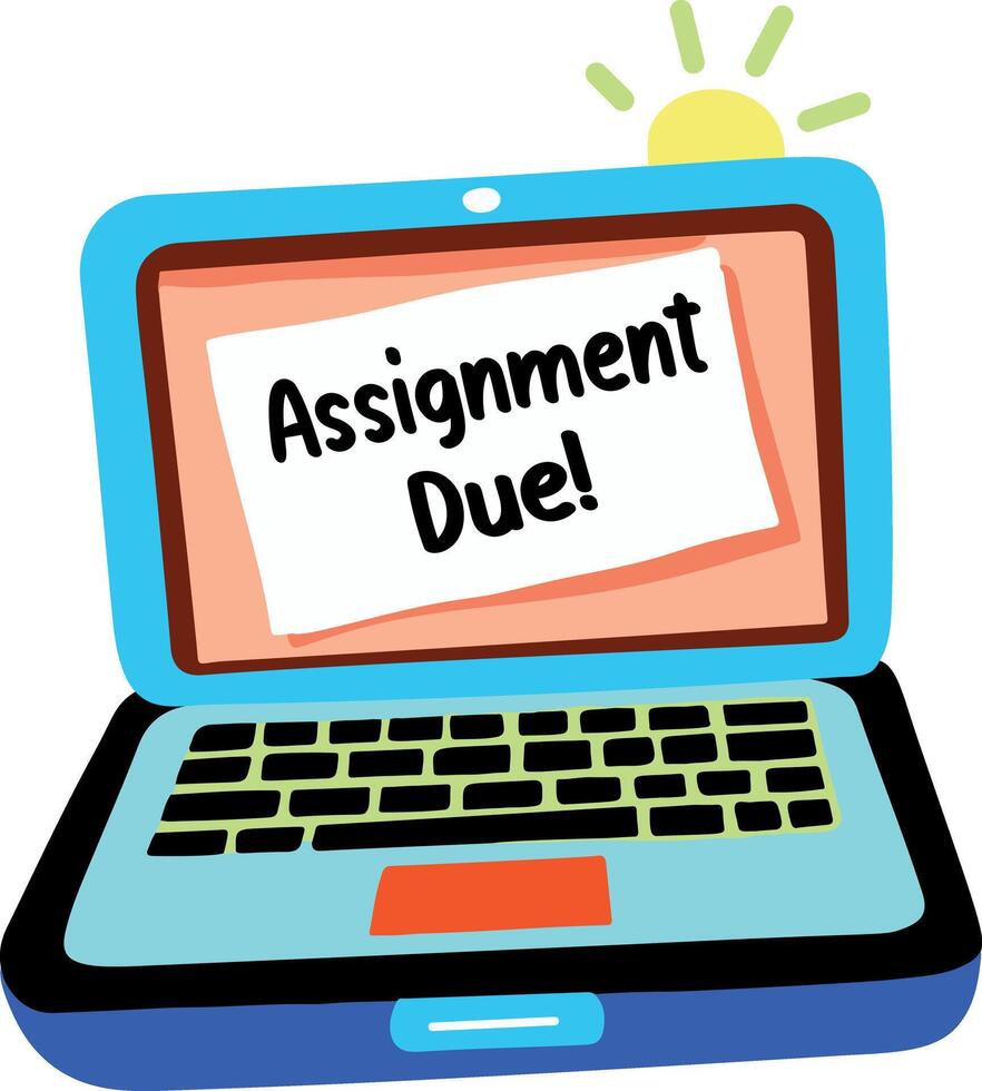 A flat sticker of a laptop written assignment due on its screen ...