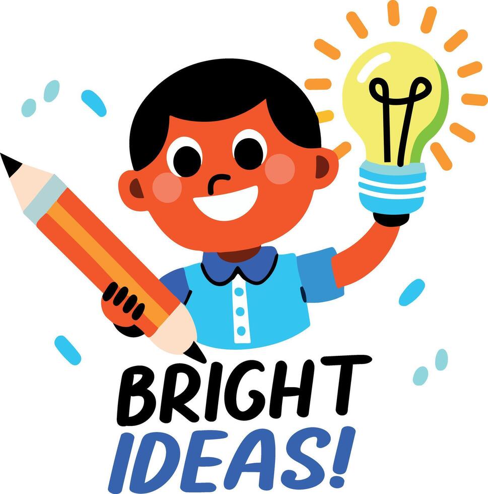 A flat sticker of a student holding a light bulb and pencil with bright ideas typography vector