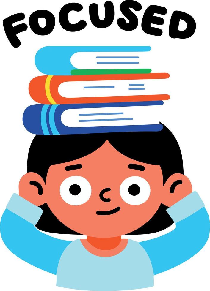 A flat sticker of a student carrying books on his head with focused typography vector
