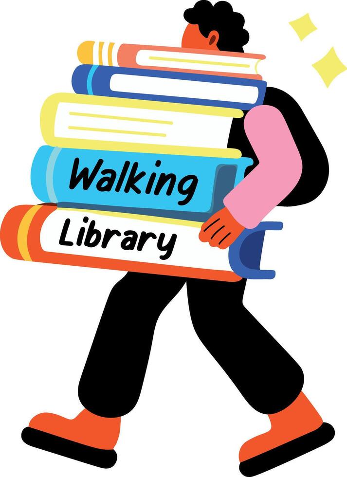 A flat sticker of a character holding of books with walking library text vector