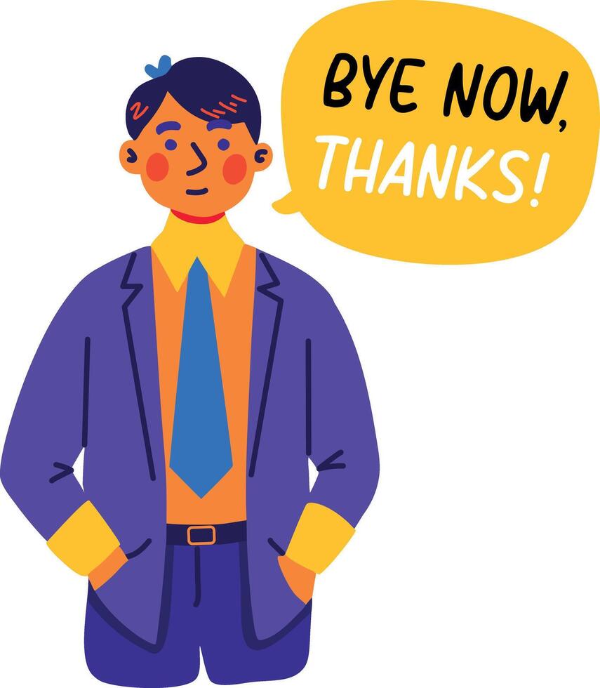 A flat sticker of a character with bye now thanks typography vector