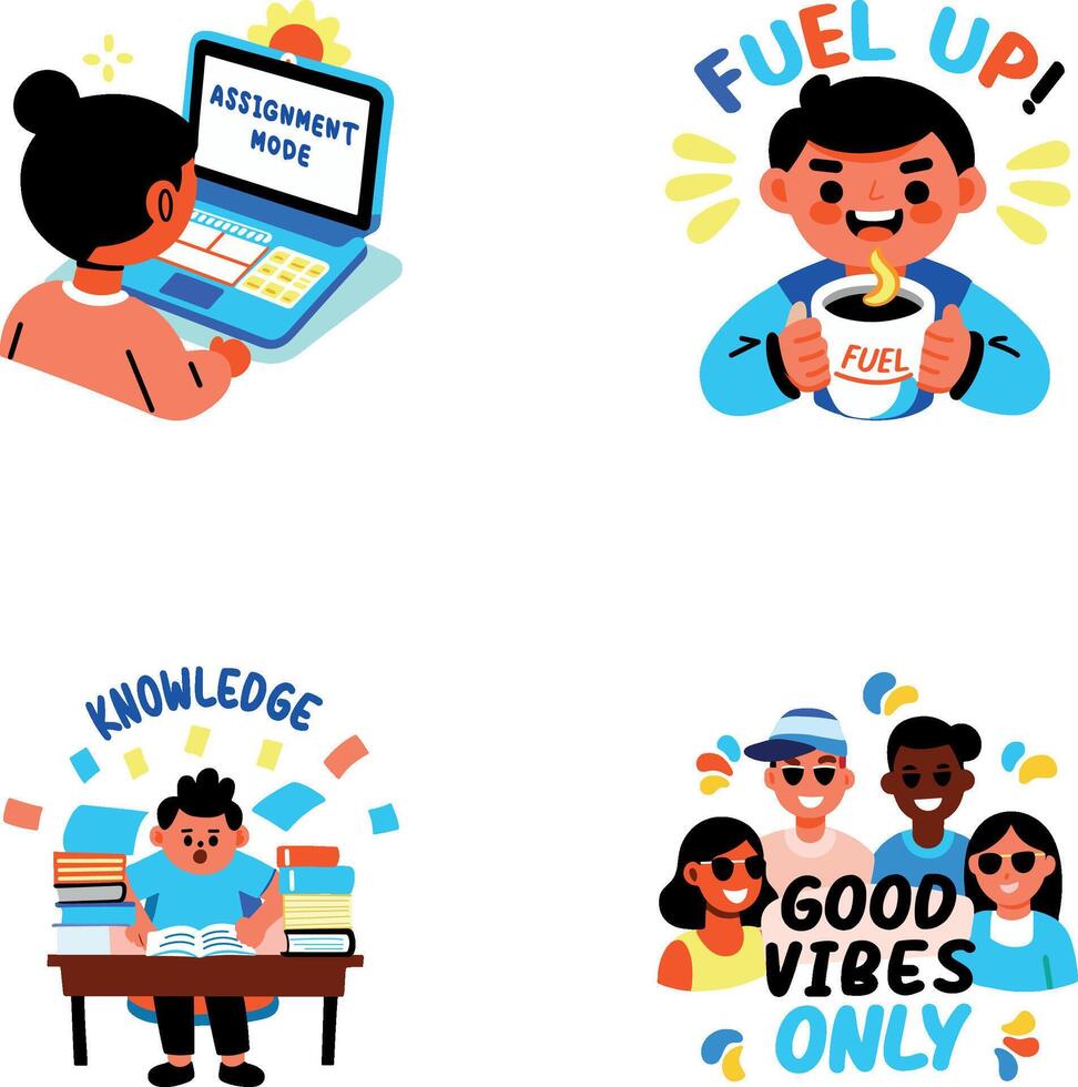 Pack of Flat Style Student Vibes Stickers vector