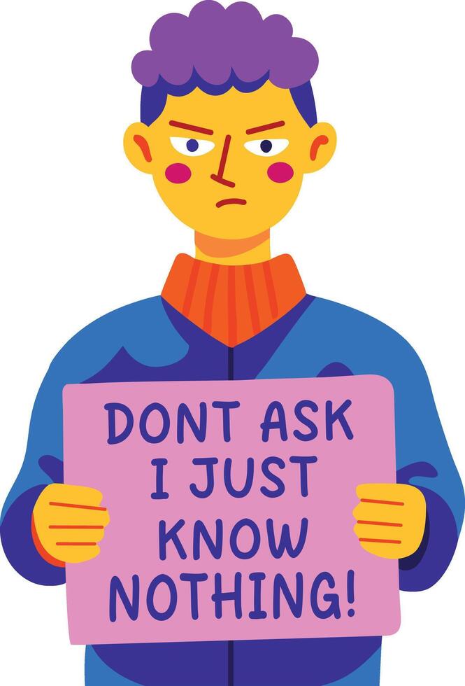 A flat sticker of an irritate character holding board written know nothing typography vector