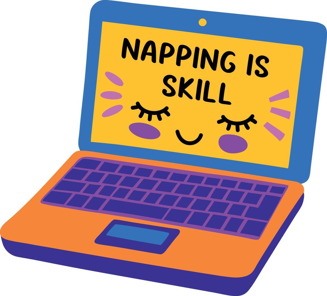 A flat sticker of a laptop with napping skill typography vector
