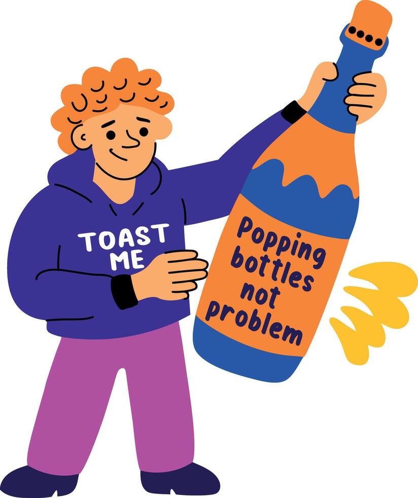 A flat sticker of a character with popping bottles not problem typography vector