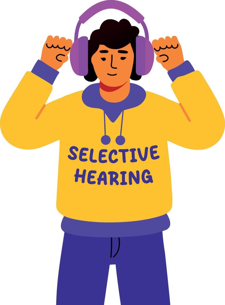 A flat sticker of a person listening music with selective hearing typography vector