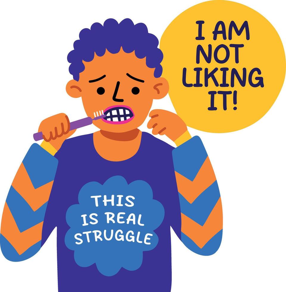 A flat sticker of a character brushing teeth with not liking it text vector