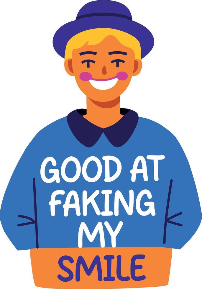 A flat sticker of a character with fake smile sarcastic typography vector