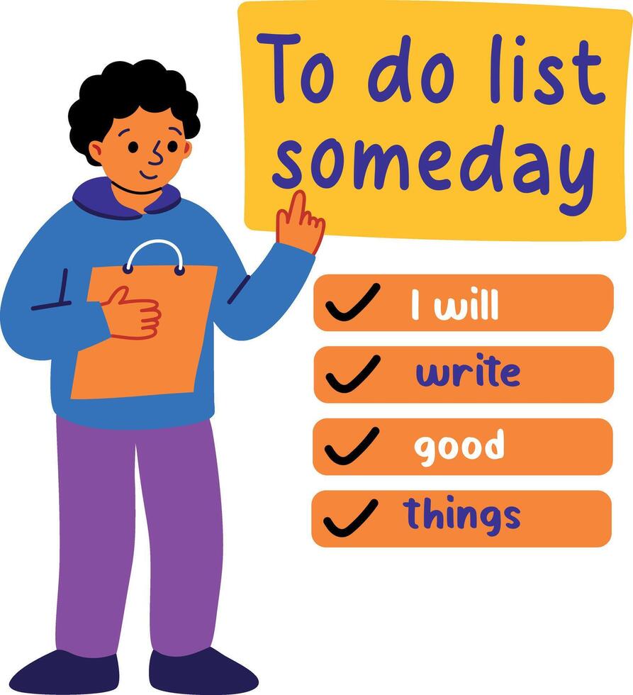 A flat sticker of a character with todo list someday typography vector