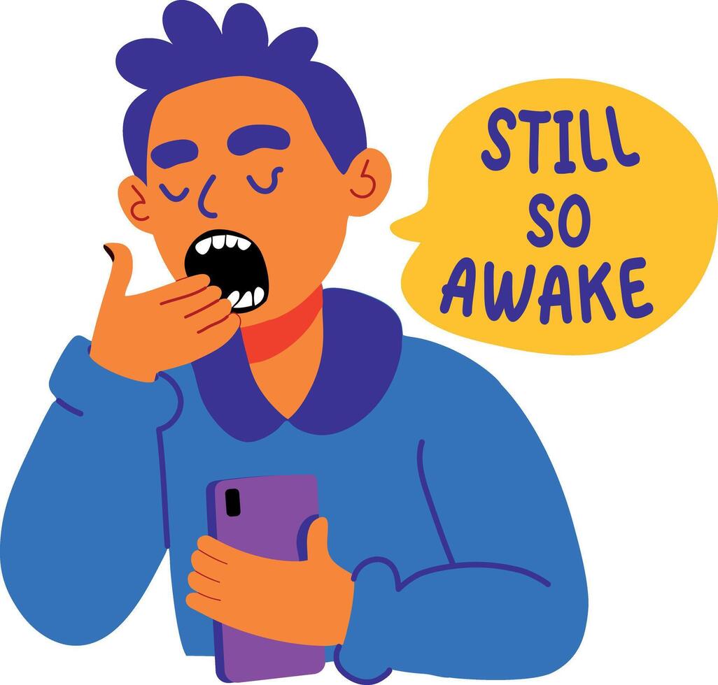 A flat sticker of a yawning character with still so awake typography vector