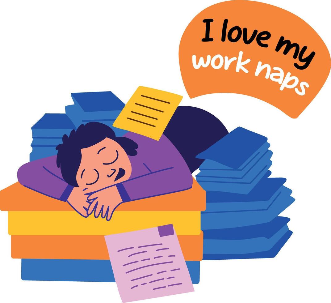 A flat sticker of a sleeping character on a table with work naps typography vector