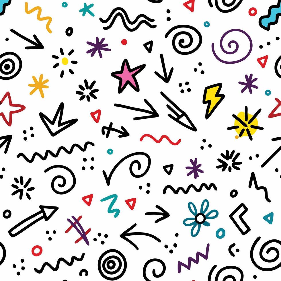 seamless pattern with colorful doodles and arrows vector