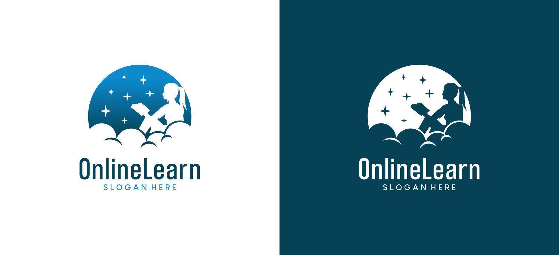 silhouette of woman reading a book above the clouds, education logo, online school vector