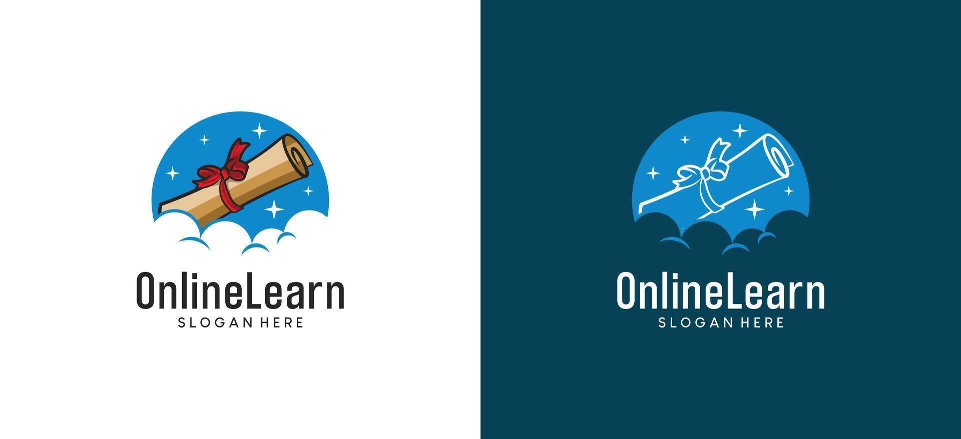 rolled paper on clouds, educational certificate paper roll logo, online school vector