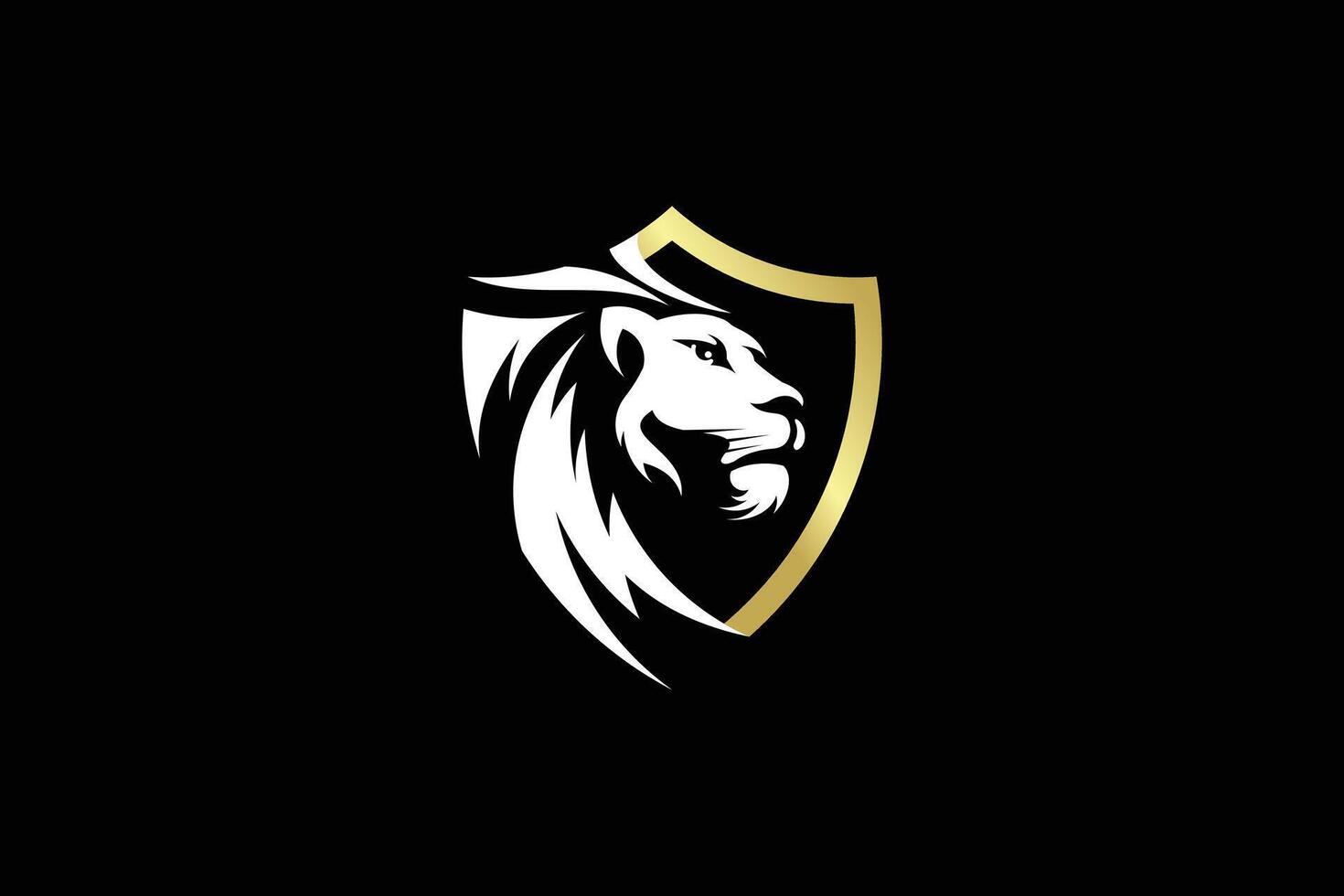 Beautiful mane lion head golden shield emblem logo design vector