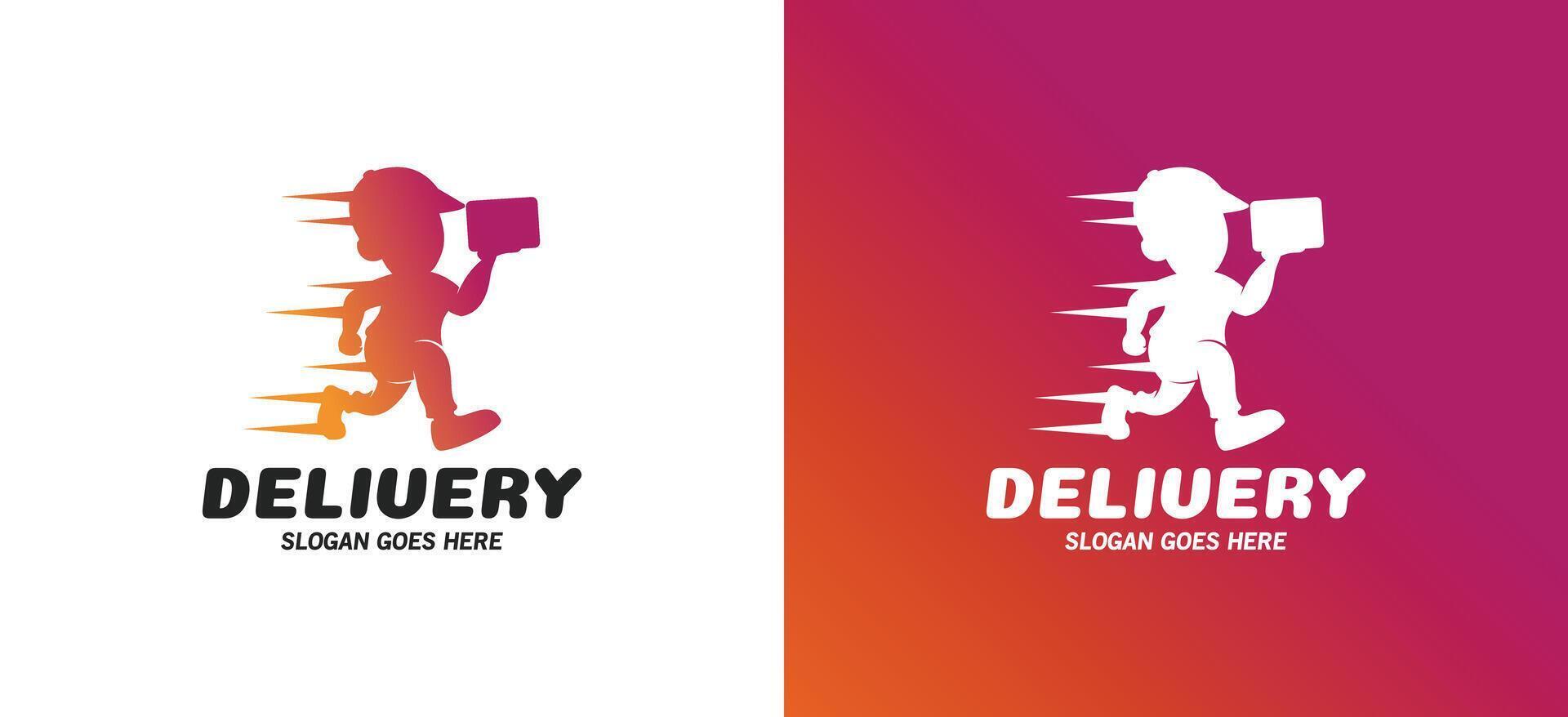 silhouette of a boy running with goods in hand, fast delivery logo vector
