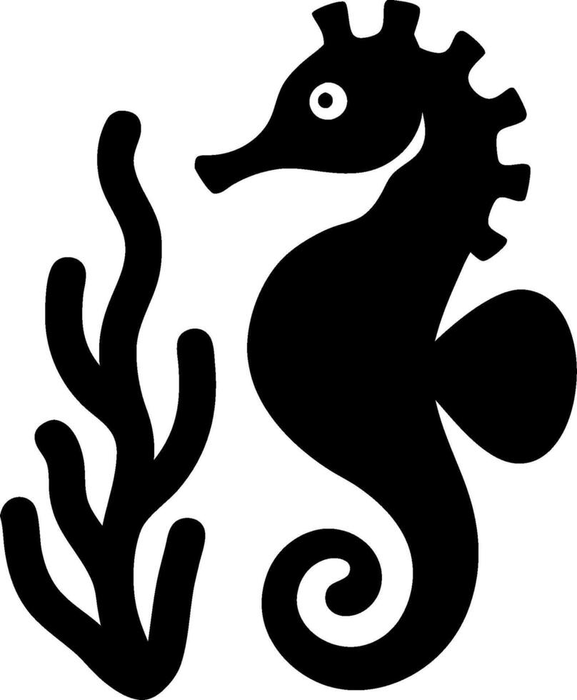 Black Silhouette Seahorse and Seaweed Marine Life Illustration vector