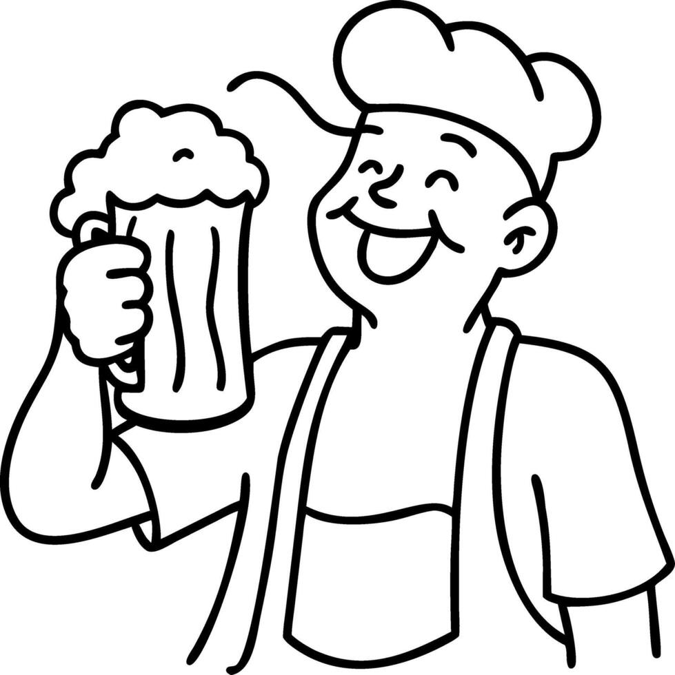 Cheerful Cartoon Chef Holding Beer Mug Outline Illustration vector