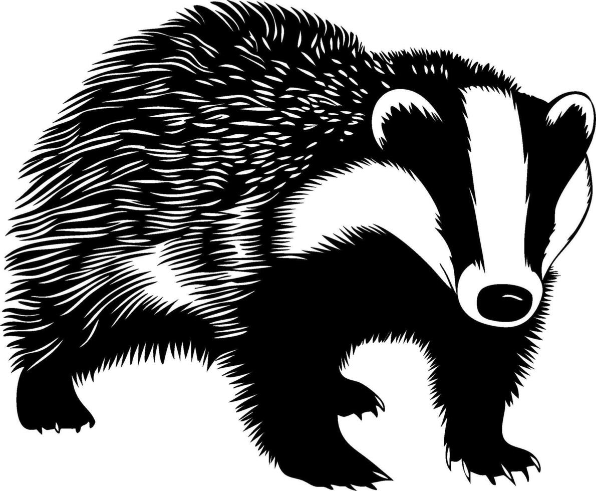 Detailed Badger Silhouette Art Black and White Illustration Wildlife Design vector