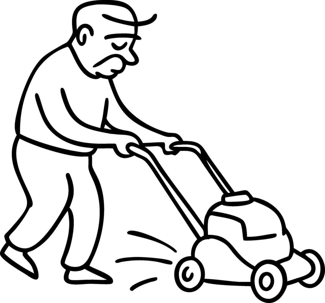 Elderly Man Mowing Lawn Simple Line Art Illustration for Gardening Themes vector