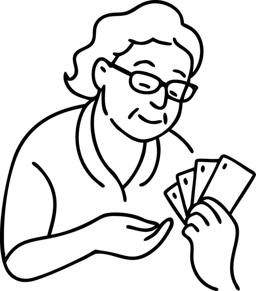 Elderly Woman Counting Money Line Art Illustration for Financial Concepts vector