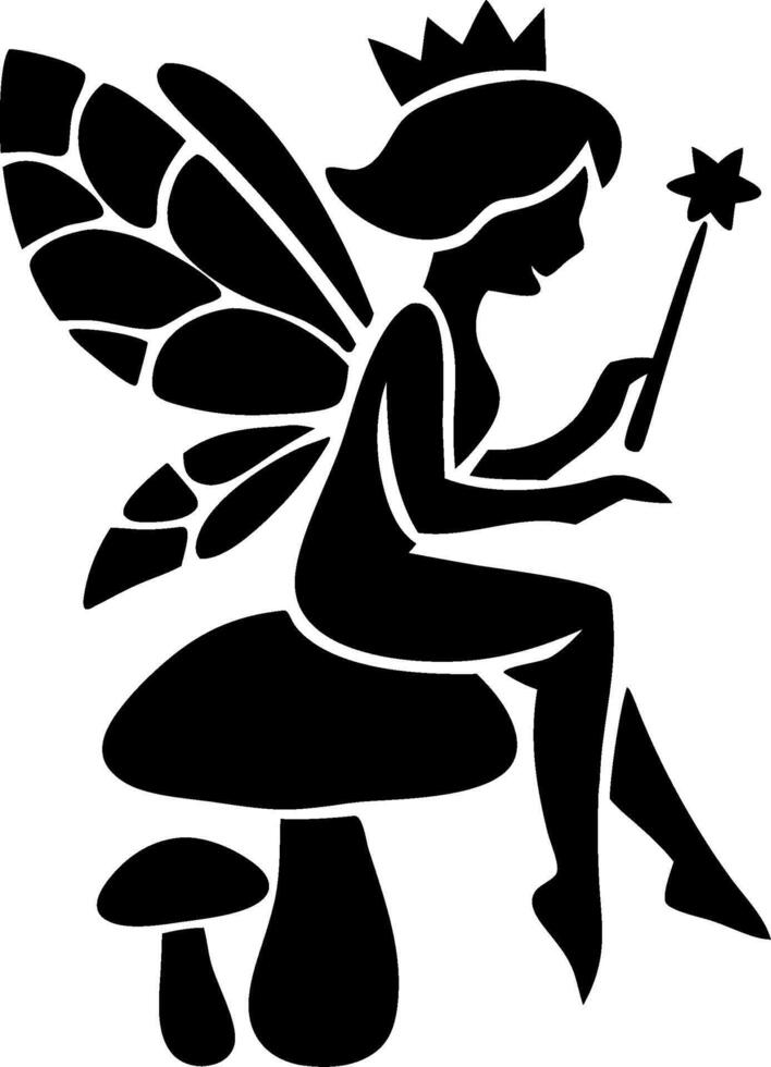 Fairy Silhouette Sitting on Mushroom with Magic Wand Fantasy vector