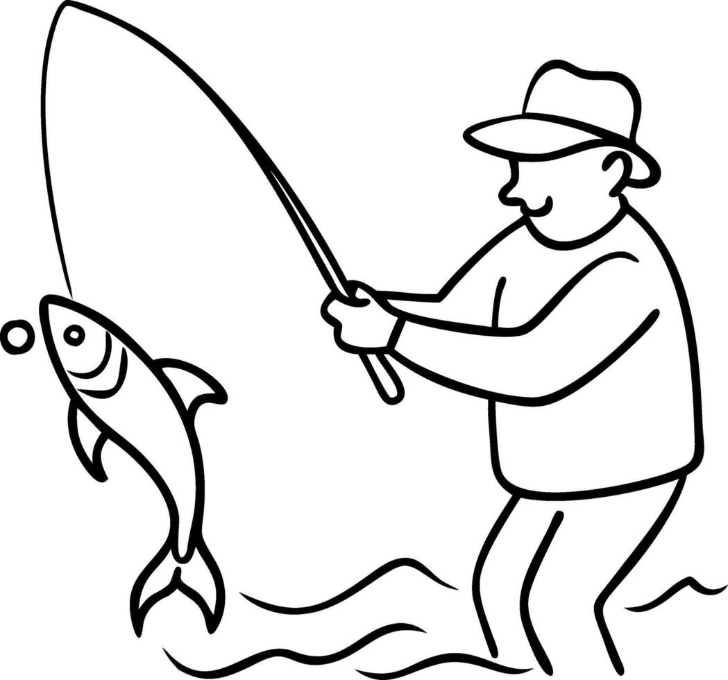 Fisherman Catching Fish with Rod Line Drawing Illustration vector