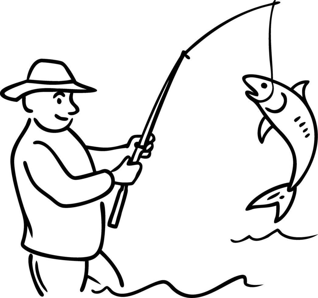 Fisherman Catching Fish with Rod Simple Line Art for Outdoor Recreational Themes vector