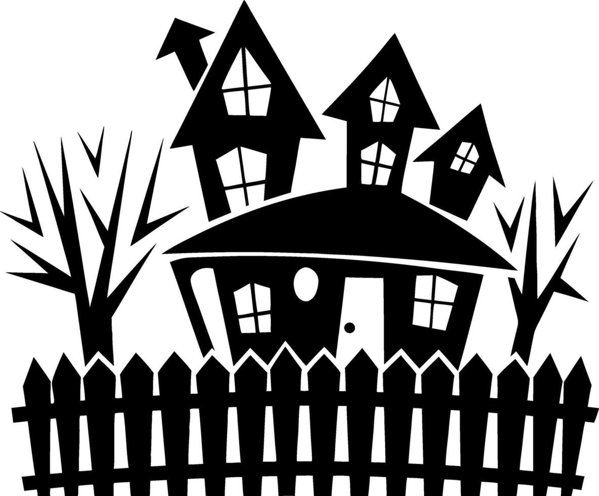 Haunted House Silhouette Illustration with Spooky Trees and Fence vector