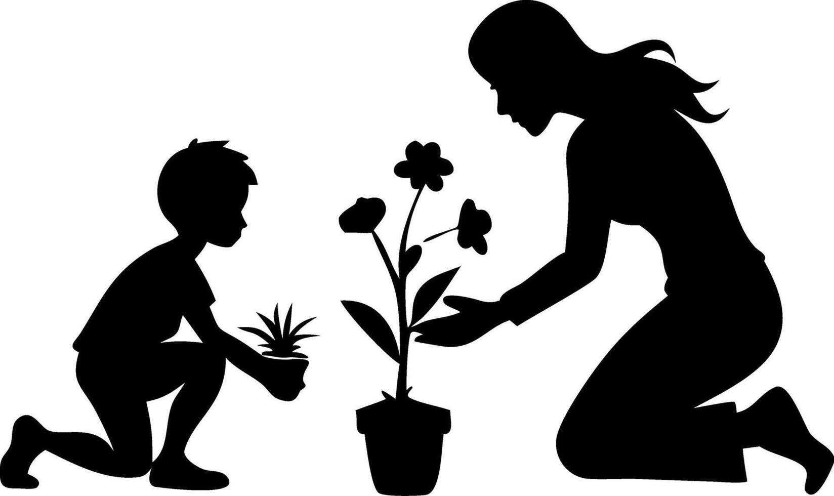 Mother and Child Silhouette Gardening Nurturing Plants Together vector