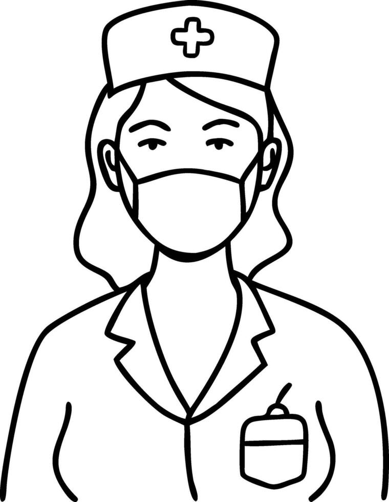 Nurse Line Art Illustration with Face Mask and Medical Cap vector