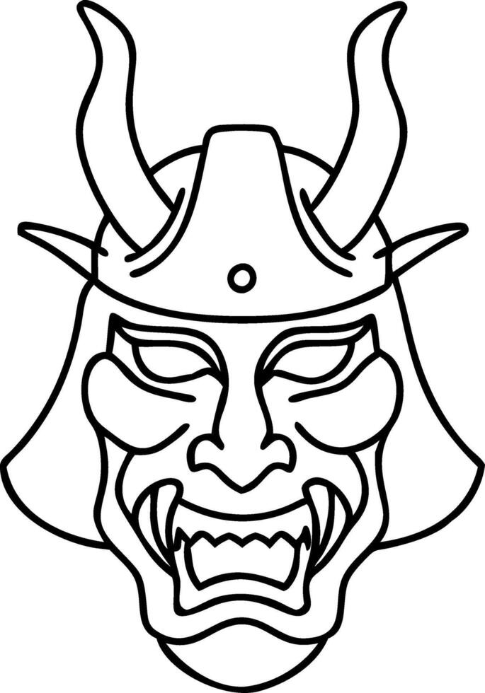 Samurai Warrior Demon Mask Line Art Illustration Traditional Japanese Design vector