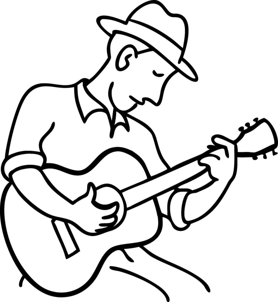 Simple Line Art Drawing of Man Playing Guitar with Hat vector