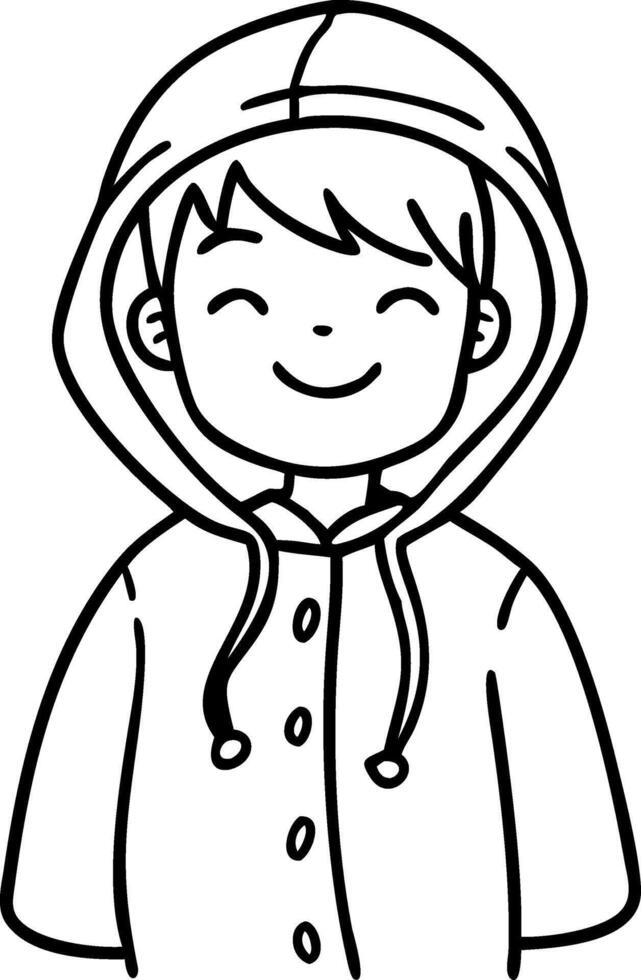 Smiling Child in Hooded Raincoat Black Line Art Illustration vector