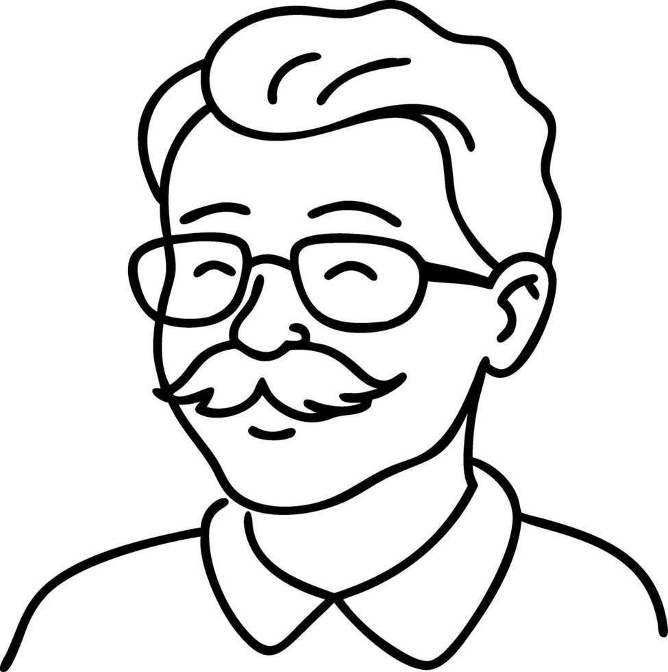 Smiling Elderly Man Line Drawing with Glasses and Mustache Illustration vector