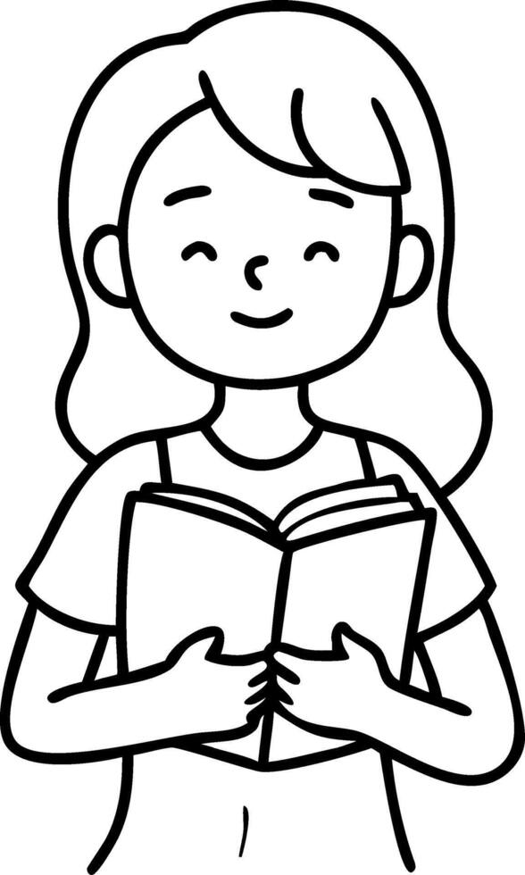 Smiling Girl Reading Book Line Art in Black and White for Education Themes vector