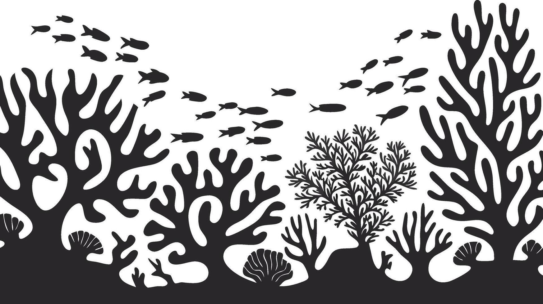 Underwater Coral Reef Silhouette with Swimming Fish and Marine Life vector