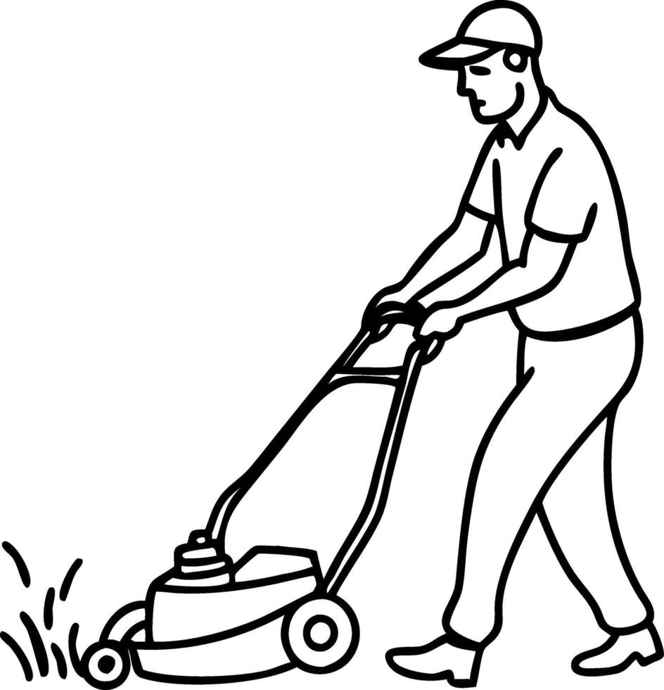 Illustration of Gardener Using Lawn Mower for Outdoor Maintenance vector